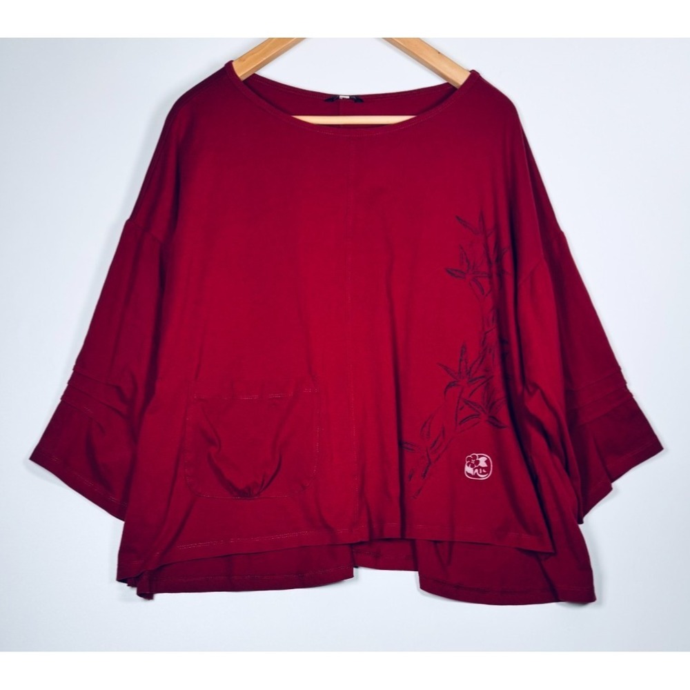 Yasuko Top Women XL Red Cotton Bamboo Print Pocket Oversized Lagenlook Japanese